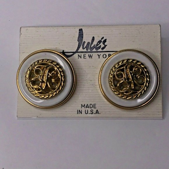 Jules New York Made USA Earrings NEW White Gold Tone Button Style 1980s - Picture 1 of 4